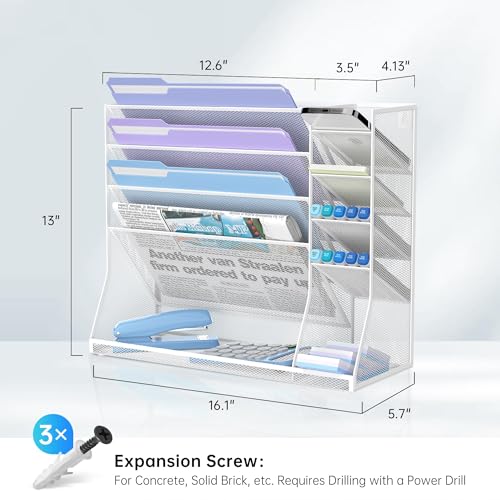 Wall File Organizer, 5-Tier Desk Organizer with 4 Pen Slots, Hanging Wall File Folder Holder with R-shaped Bottom Tray, Mesh Versatile Mail Holder Desk Organization for Office, White - color: White