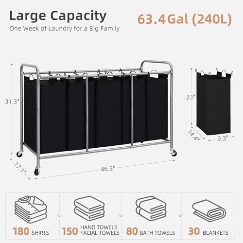 STORAGE MANIAC 5 Section Laundry Sorter, 5 Bins Rolling Separator Laundry Basket, Dirty Clothes Hamper Divider with Heavy Duty Rolling Lockable Wheels, Large Clothes Organizer Cart, Black - color: Black, size: 5 Section
