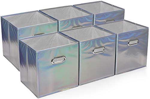 Handy Laundry 6-Pack Foldable Cube Storage Bins – Decorative Collapsible Organizer for Shelves, Closets, Underbed, Clothes, or Kids’ Toys (Shiny Silver) - color: Shiny Silver