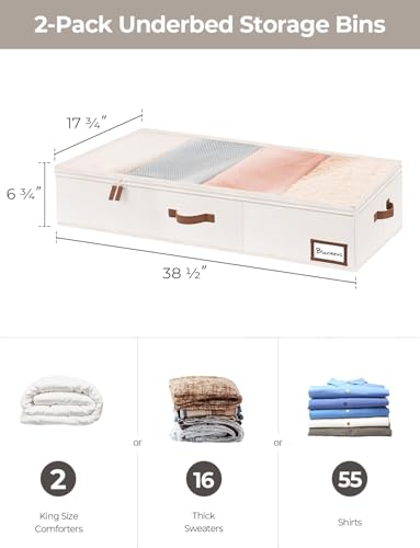 StorageWorks Extra Large Under Bed Storage Containers with Handles and Label Holder, 2 Pack Ultra-thick Fabric Underbed Bins, Closet Organizer for Clothes, Blankets, Sweater - color: Beige, size: Extra Large-without Wheels