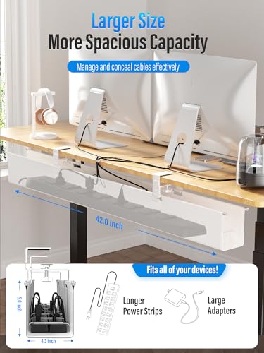 [Upgraded] Large Under Desk Cable Management Tray, Cinati Cable Management Under Desk No Drill, 42" Fabric Cord Hider for Wire Organizer, Cord Organizer for Office, Home - Supports Up to 30lbs White - color: White, size: Extra Large(42 inch)