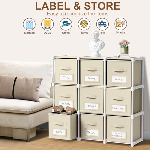 Geelin 9 Cube Storage Organizer with Fabric Bins and Labels 11 Inch, Fabric Collapsible Cubby Clothes Storage Drawer Dresser for Bedroom Living Room Office Organization - color: Khaki