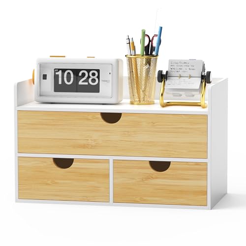Desk Organizer with Drawers - Bamboo Desktop Organizer Storage | White-Natural Wood Desk Drawers Organizer for Bills, Office Supplies, Cosmetics, Seals No Assembly Required - color: 1 White-Natural, size: 13”L x 6.6”W x7.87”H