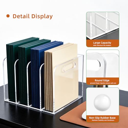 4 Vertical Compartments Clear Acrylic Magazine & File Holder – Multipurpose Desk Organizer for Office, Tablets, Magazines, Books – Documents/Home/Classroom Rack - size: A4, 4 Sections