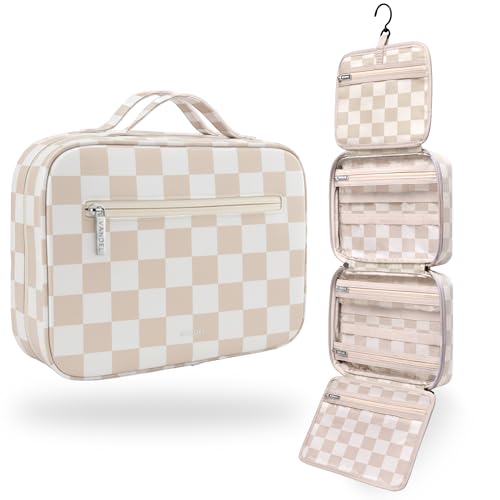 VANDEL Waterproof Hanging Toiletry Bag [TSA-Approved] Hanging Makeup Organizer Bag, Cosmetic Travel Bags for Women, Makeup Case Toiletries Organizer Hygiene Bathroom Shower Caddy - Neutral Checker - color: Neutral Checker
