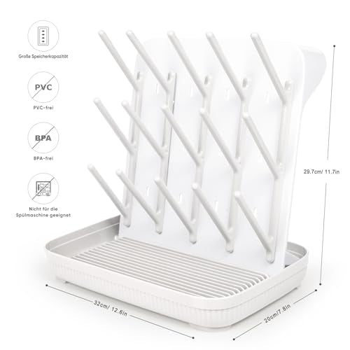 Termichy Baby Bottle Drying Rack: Large Vertical Bottle Dryer Rack Holder - Space Saving Standing Drying Rack for Baby Bottles and Pump Part Cleaning (White) - color: White