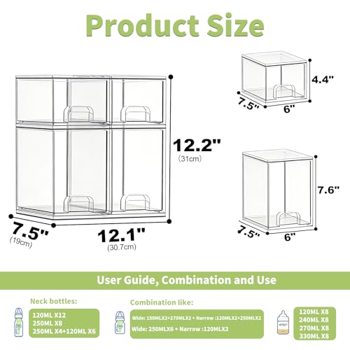 Baby Bottle Storage Organizer: Clear Stackable Storage Drawers, Acrylic Bottles Station Organizer Container for Countertop, Vanity, Bathroom, Cabinet Organization - 4 Pack - size: 2 Small+2 High