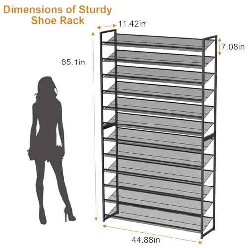 Large Shoe Rack 12 Tier Shoe Organizer, Heavy Duty Metal 6-Tier Stackable Shoe Storage Vertical Shoe Rack for Closet Front Door Entrance, Up to 75 Pairs, 44.8" W x 11.4" D x 85.1" H, Black - color: Black, size: 12 Tier