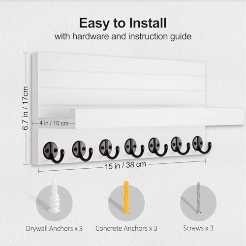 Lwenki Key Holder Wall Mount, Entryway Key and Mail Holder with 7 Sturdy Hooks for Sunglasses, Dog Leash, Decorative Wall Shelf with Mounting Hardware, 15”W x 6.7”H x 4.2”D (White) - color: White