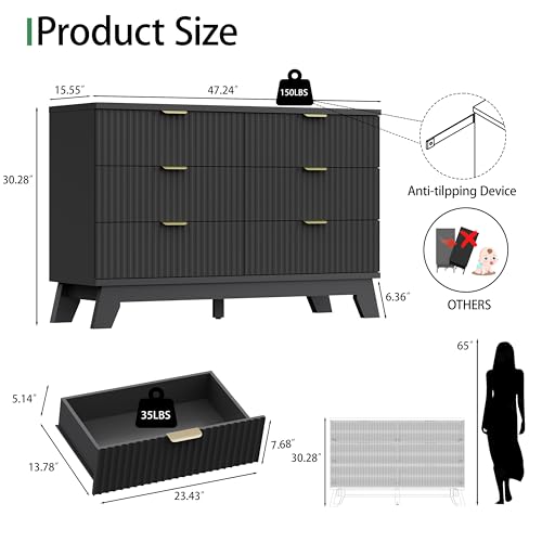 Xixini Fluted Dresser for Bedroom with 6 Drawers, 48" Wide Wooden Chest of Drawers with Metal Handle, Modern Dresser TV Stand, Wood Closet Clothes Storage Organizer for Living Room, Hallway, Black - color: Black, size: 15.6"D x 47.2"W x 30.5"H (6 Drawers)