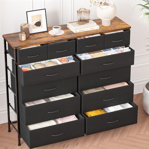 VASICAR Dresser for Bedroom with 12 Drawers, Tall Fabric Drawer Dresser, Compact Chest of Drawers for Closet, Nursery, Bedside, Living Room, Laundry, Entryway, Hallway - color: Rustic Black
