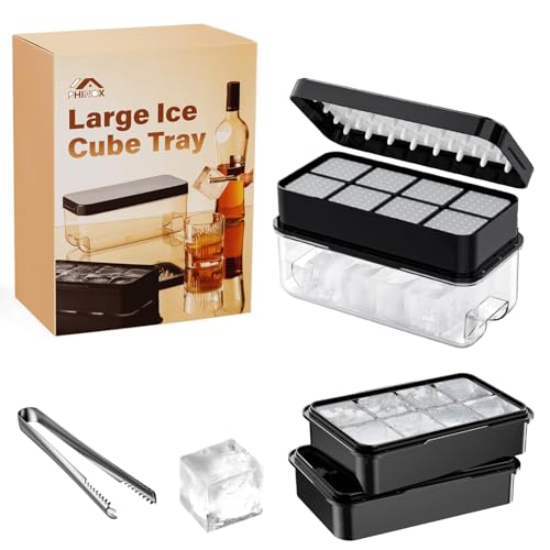 PHINOX Large Ice Cube Tray with Lid and Bin, Ice Trays for Freezer, 2 INCH Whiskey Ice Cubes Mold, 2*8 pcs Square Ice Cube Mold with Tong, Easy to Release, Large Ice Tray for Whiskey Cocktail Bourbon - color: Black, size: 2.0"-2tier