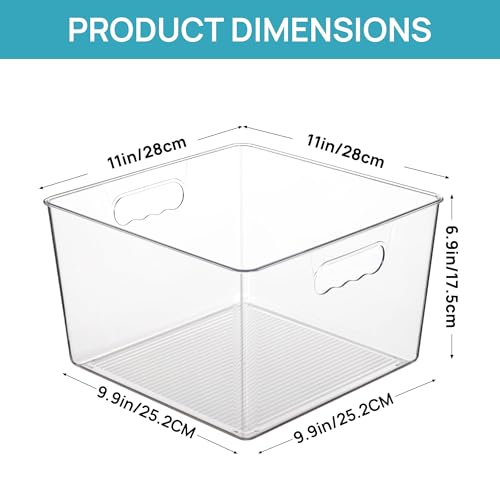 Vtopmart 4 Pack Extra Large Clear Plastic Storage Bins,11x11 Cube Acrylic Organizer Square Containers with Handle for Pantry,Closet,LaundryRoom,Kitchen,Bathroom,UnderSink Organization