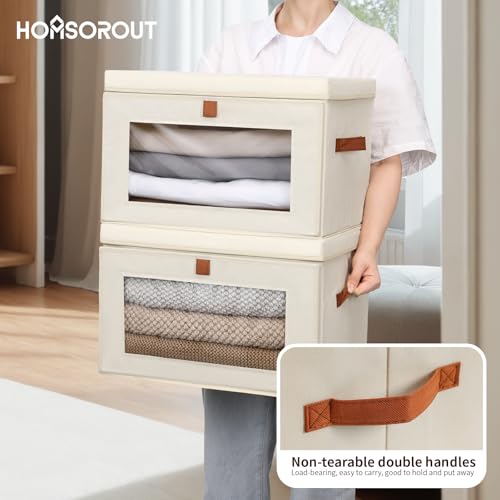 Homsorout Collapsible Storage Bins - Large Closet Organizer with Handles & Window, Decorative Storage Boxes, Fabric Containers for Living Room, Dorm, 4 Pack, Beige - color: Beige, size: Large - 4 Pack
