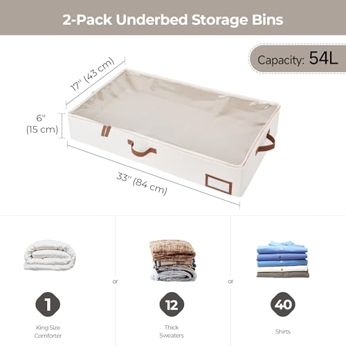 StorageWorks Large Under Bed Storage Containers with Handles and Label Holder, 2 Pack Ultra-thick Fabric Underbed Bins, Closet Organizer for Clothes, Blankets, Sweater - color: Beige, size: Large-without Wheels