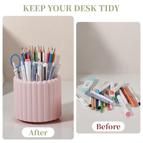 Anyoifax 360° Rotating Pen Holder 7 Slots Desk Organizer Removable Pencil Cup Plastic Art Supplies and Accessories Desktop Storage Box Caddy for Office, School, Home (Pink) - style: Stripe Pink