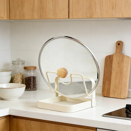 304 Stainless Steel Kitchen Pot Lid Storage Rack, Pot Lid Holder while Cooking, Pot Lid Organizer with Removable Tray & Spoon Rest,Waterproof & Rustproof (Beige, 1 Layer) - color: Beige, size: Single