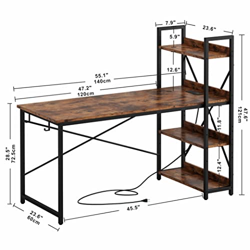 IRONCK Computer Desk 55" with Power Outlet and Storage Shelves, Study Writing Table with USB Ports Charging Station, PC Desk Workstation for Home Office, Rustic Brown - color: Rustic Brown, size: 55 inches