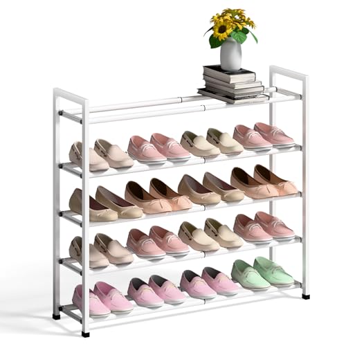 Bumusty 5-Tier Expandable Shoe Rack for Closet, 18“-33” Adjustable Shoe Rack for Small Space, Small Shoe Organizer for Front Door, Sturdy Metal (White) - color: White, size: 5-Tier