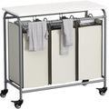 LINZINAR 3 Bag Laundry Basket Sorter Heavy Duty Rolling Lockable Wheels Laundry Hamper Cart with Ironing Board and Removable Bags, Beige - size: 3 Bags Beige with Board