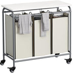 LINZINAR 3 Bag Laundry Basket Sorter Heavy Duty Rolling Lockable Wheels Laundry Hamper Cart with Ironing Board and Removable Bags, Beige - size: 3 Bags Beige with Board
