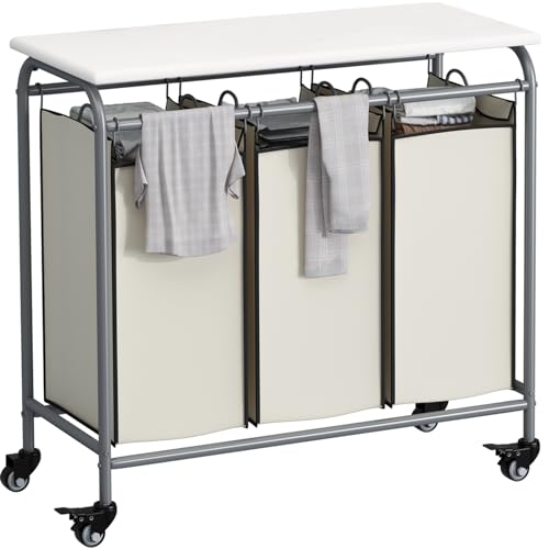 LINZINAR 3 Bag Laundry Basket Sorter Heavy Duty Rolling Lockable Wheels Laundry Hamper Cart with Ironing Board and Removable Bags, Beige - size: 3 Bags Beige with Board