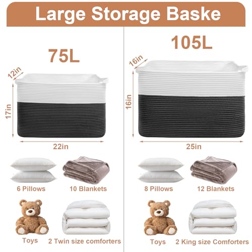 105L XXXL Large Blanket Basket, Rectangular Cotton Rope Basket, Laundry Hamper for Blankets, Pillows, Extra Large Toys Storage Bins for Kids, Dogs 25" x 16" x 16", White & Black - color: Black & White, size: 25" x 16" x 16"