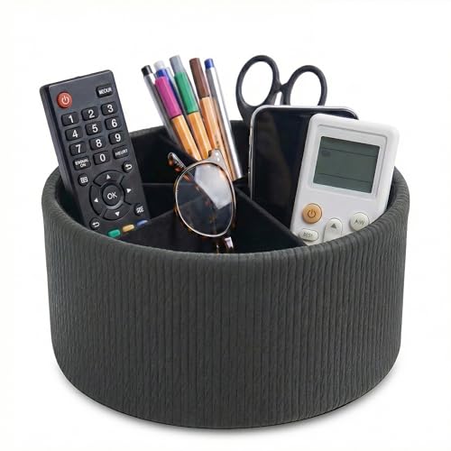 Remote Control Holder, 360°Spinning PU Leather Desk TV Remote Caddy,Desk Storage Box Room Accessories for Controller, Media,Mail,Calculator, Mobile Phone,Pencil(1-Big Wood Black) - color: 1-Big Wood Black