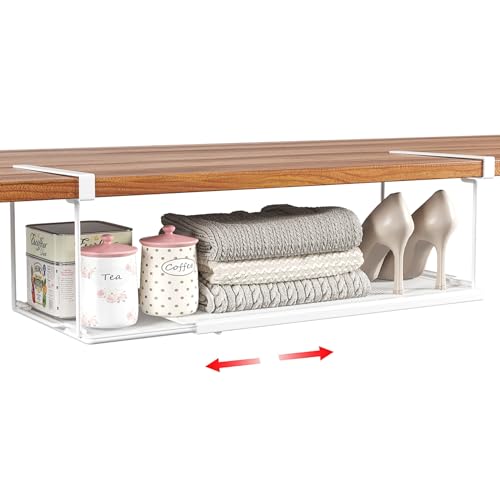 Expandable Under Cabinet Shelf, Extendable Under Shelf Storage with 0.94 Inches Thick Clips for Shoe Rack, Pantry Cabinet, Laundry Room. (White, 1 Pack, Interior: 6" H x 8.26" D) - color: White-6"h X 8.26"d-0.94" Thick Clip, size: 1 Pack