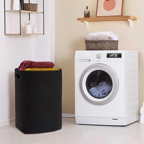 MEGASKET Large Laundry Hamper 16"x13"x22" - Tall Woven Laundry Basket, Cotton Rope Dirty Clothes Hamper, Baby Kids Nursery Wicker Laundry Basket, Bedroom Aesthetic, Soft Laundry Bin, Black Hamper, 75L - color: Black