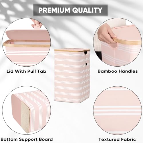 BALEINE Laundry Hamper with Lid, Tall Laundry Baskets with Bamboo Pull Handles, Large Laundry Bin with Internal Support (18 Gal/70L, Pink Pinstripe) - color: Pink Pinstripe, size: 70 liters