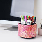 Round Leather Art Supply Organizer,Remote Control Holder,360 Degree Spinning,Multi-Functional Pencil Holder,4 Compartments Desktop Stationary Organizer(1-Rich Flower Pink) - color: 1-Rich Flower Pink