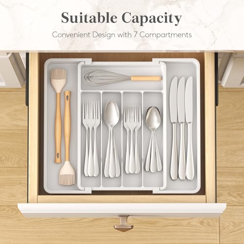 Lifewit Silverware Drawer Organizer, Expandable Utensil Tray for Kitchen, BPA Free Flatware and Cutlery Holder, Adjustable Plastic Storage for Spoons Forks Knives, 8.5-14 x 12", White - color: White, size: Medium (8.5-14''W x 12''D)
