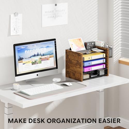 Simple Trending 5-Tier Paper Organizer Letter Tray, Wood Desk Organizers and Accessories with Drawer & Pen Holder for Home Office School
