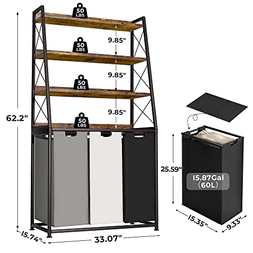Herture Laundry Basket, 3 Section Laundry Hamper with 4 Tiers Shelf, Pull-Out and Removable Laundry Bags, Large 3 x 15.87 Gallons, for Laundry Room Bathroom Rustic Brown PF05XLN - color: Rustic Brown + 3-Color, size: 3 Bags-180 L