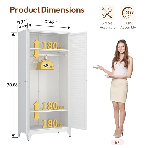 UNICOLY Metal Wardrobe Closet, 71'' Wardrobe Cabinet with Hanging Rod, Armoire Wardrobe Closet with 2 Louver Doors, Adjustable Shelves, for Bedroom, Cloak Room, School, Gym, Government, White - color: White, size: 71 Inch Louvered Doors with 0 Drawers