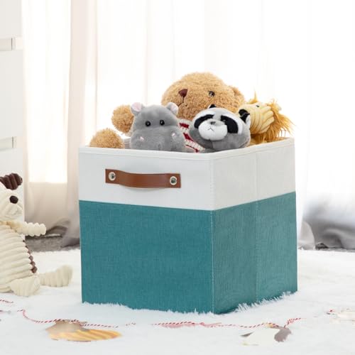 HNZIGE Fabric Storage Cube Bins Baskets for Organizing, 11 inch Cube Storage Bins, Set of 4, Collapsible Storage Bin with Handles, Closet Organizers and Storage Home Toy Nursery Bedroom(White Teal) - color: Teal White, size: 11"x11"x11"-4pack