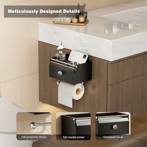 Voldra Toilet Paper Holder with Shelf, Flushable Wipes Dispenser for Bathroom, Adhesive Toilet Paper Roll Holder with Storage Wall Mount Stick On Bathroom Tissue Holder Front Flip Design (Matte Black) - color: Black, size: Wipes Box