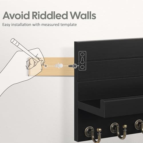 HONJIN Key Holder for Wall: Easy Installation Mail Organizer Wall Mount Hanging Key Rack for Kitchen and Entryway Decor with 5 Sturdy Key Hooks (Black) - color: Black