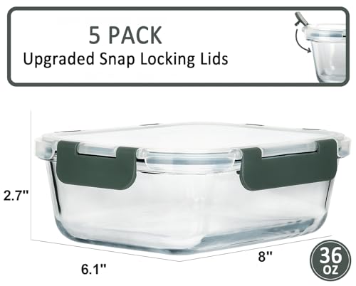 M MCIRCO [5-Packs, 36 Oz Glass Meal Prep Containers with Snap Locking Lids Glass Food Containers,Airtight Lunch Container,Microwave, Oven, Freezer and Dishwasher (4.5 Cup) - color: Gray