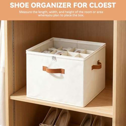 Shoe Organzier for Cloest - Fits up to 16 Pairs Shoe Storage Box,Adjustable shoe Bin with Pop-Up dividers, Space Saver shoes Box organizer with Clear Dust Cover,Foldable shoe Cubby Storage Containers - color: beige, size: 1pack