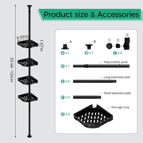 shuang qing 4-Tier Corner Shower Caddy Tension Pole Organizer - Adjustable Rustproof Metal Tension Pole, Plastic Shelves with Safety Guardrail, Bathroom Storage for Shower & Bathtub(Black) - color: Black, size: No Rotation