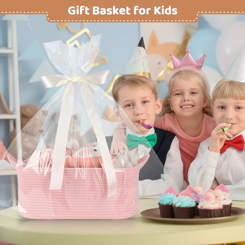OIASKET Large Empty Gift Baskets for Baby Shower, 16.5" L x 12.6" W x 7" H Cute Woven Storage Basket with Gift Bags and Ribbons, Small Rope Toy Basket with Handles, Cat Dog Pet Toy Organizer - Pink - color: Pink, size: Large: 16.5"L x 12.6"W x 7"H