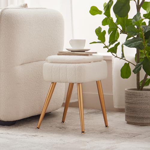 Updated Vanity Chair, Storage Ottoman with Folding Back & Gold-Toned Metal Legs, Ottoman Seat with Teddy Velvet for Dressing Room Living Room Bedroom, 15" x 12" Inch - color: White, size: 15" x 12"