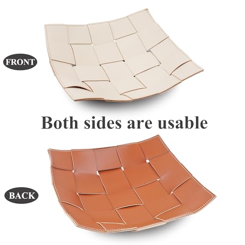PU Leather Valet Tray for Men, Key Bowl for Entryway Table, Bedside Nightstand Desk Catchall Storage Organizer Tray, EDC Dump Tray for Wallet, Keys, Coin, Jewelry(1-Beige Brown)