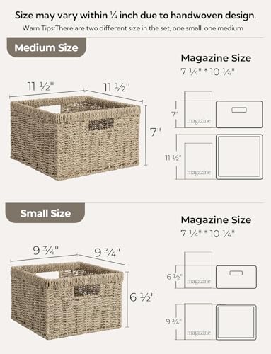 StorageWorks Wicker Storage Baskets, Handwoven Seagrass Basket for Organizing, Decorative Wicker Baskets with Built-in Handles, Set of 2 - color: Natural (Seagrass), size: 11½"L x 11½"W x 7"H + 9¾"L x 9¾"W x 6½"H