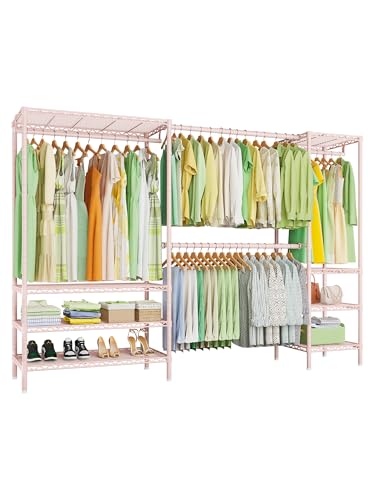 Ulif E11 Heavy-Duty Garment Rack, Metal Freestanding Clothes Rack and Closet Storage Organizer System with 8 Shelves and 4 Hanger Rods, (73.2-97.6)" W x 14.5" D x 71.2" H, Load 1034 LBS, Pink - color: Pink