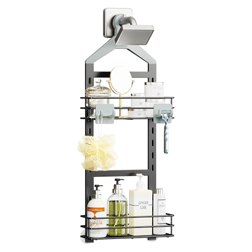 Orimade Adjustable Anti-slip Shower Caddy over Shower Head, Rustproof Bathroom Hanging Shower Organizer with 2 Hooks for Razor, No Drilling Shelves Storage Rack 2 Tier, Grey - color: Grey - 2 Tier