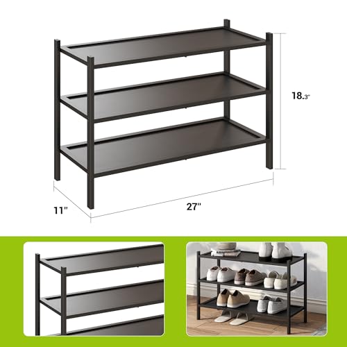 BMOSU 3-Tier Bamboo Shoe Rack Premium Stackable Shoe Shelf Storage Organizer for Hallway Closet Living Room Entryway Organizer(Black) - color: Black, size: 3-Tier（27*11*18.3inches）