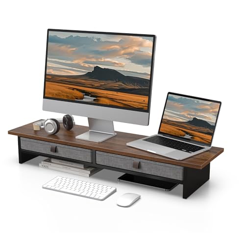 Fenge Monitor Stand with Drawer, 2 Tiers Dual Monitor Riser for Desk, 35 Inch Computer Stand for 2 Monitors, Desk Shelf for Home, Office, Laptop, PC, TV, Printer - color: Brown